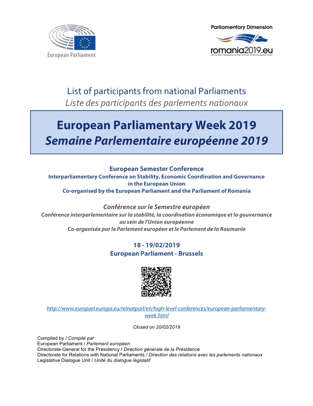 European Parliamentary Week 2019 Semaine Parlementaire Européenne 2019