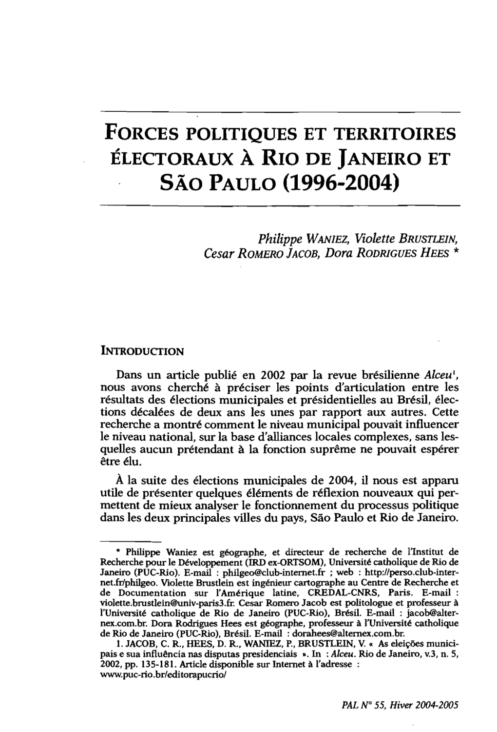 Forces Politiques Et Territoires Électoraux À Rio De Janeiro Et Sâo Paulo (1996-2004)