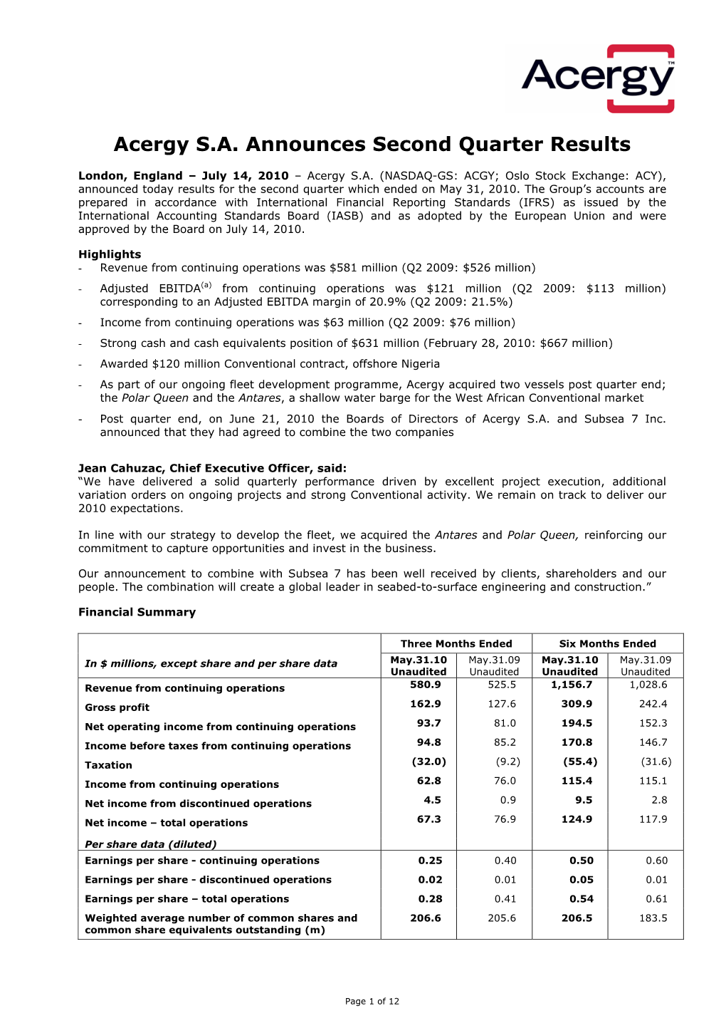 Acergy S.A. Announces Second Quarter Results