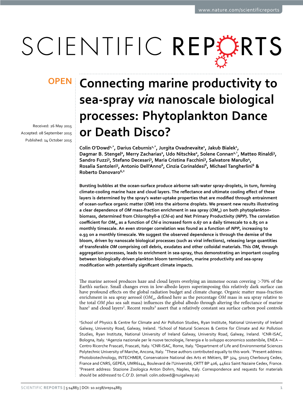 Connecting Marine Productivity to Sea-Spray Via Nanoscale Biological