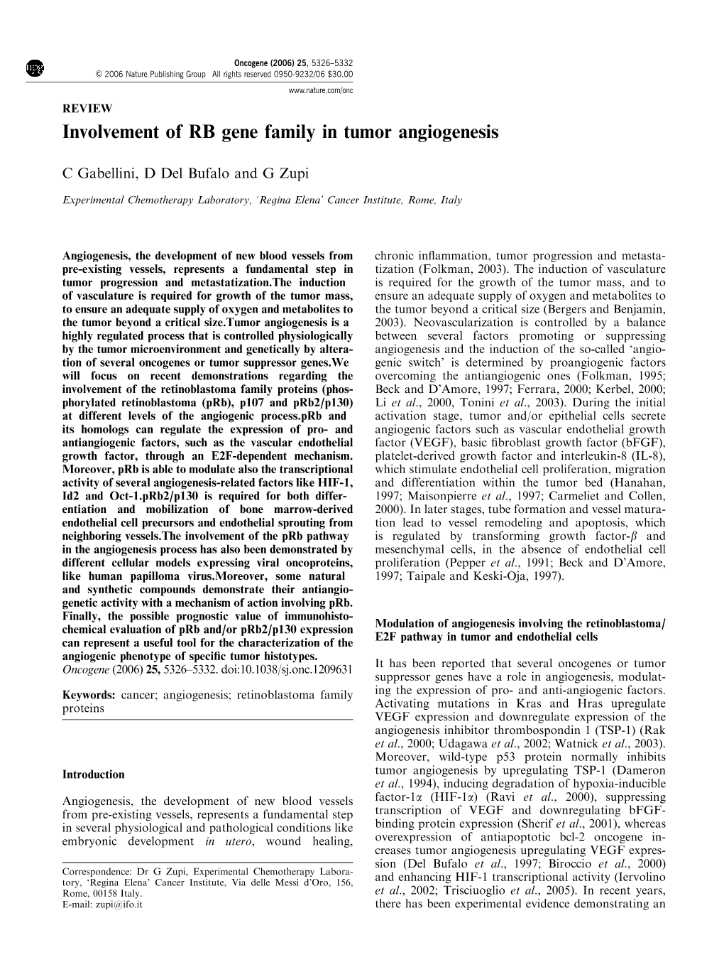 Involvement of RB Gene Family in Tumor Angiogenesis