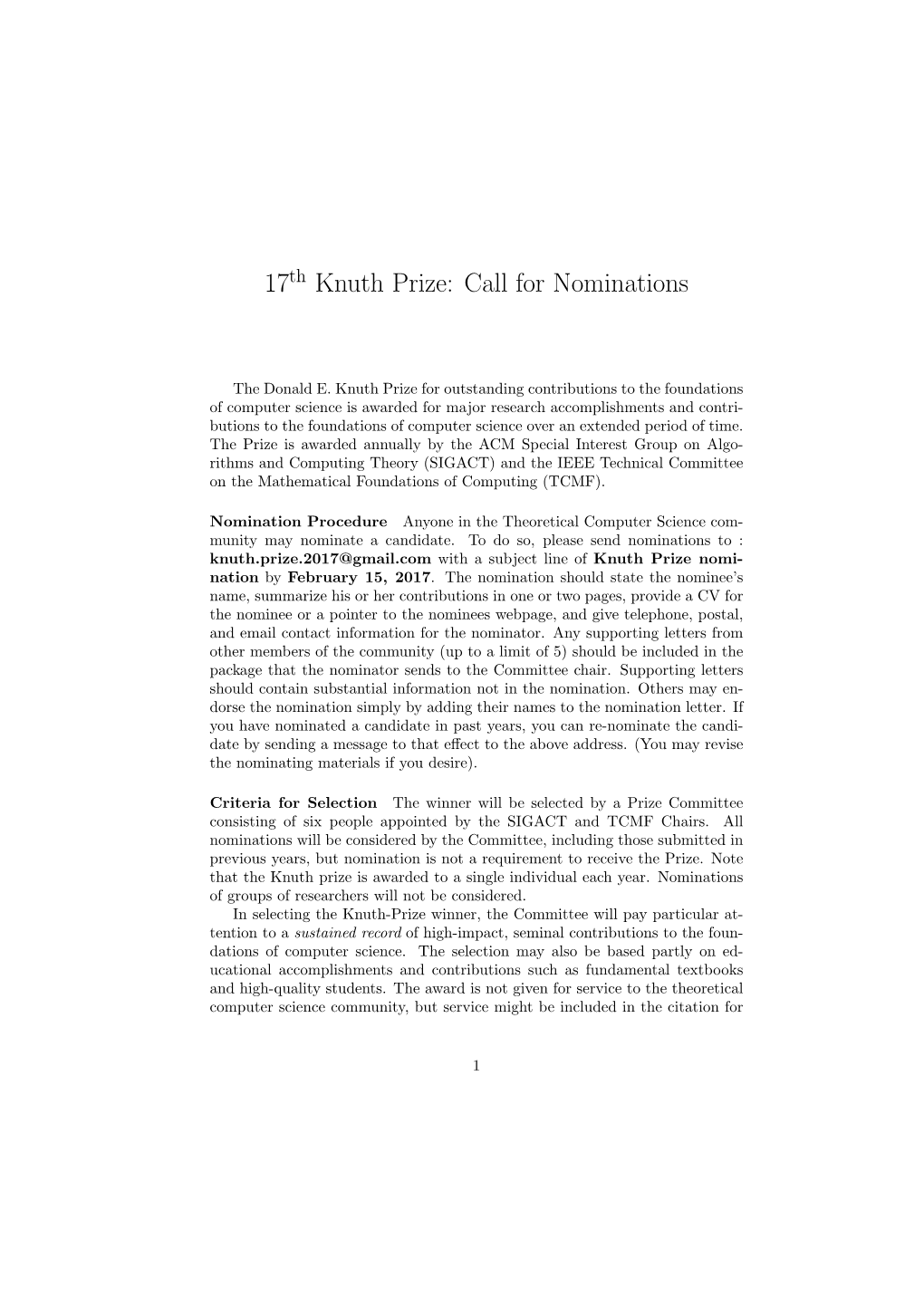 17Th Knuth Prize: Call for Nominations