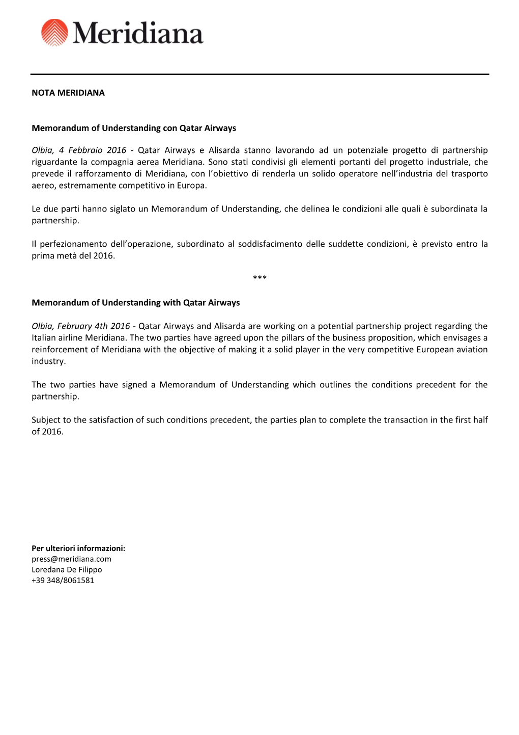 NOTA MERIDIANA Memorandum of Understanding Con