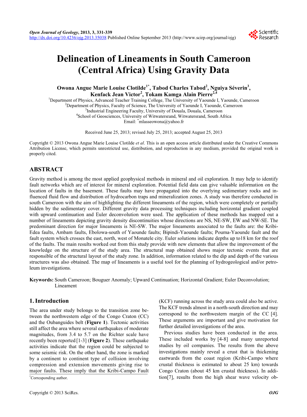Delineation of Lineaments in South Cameroon (Central Africa) Using Gravity Data
