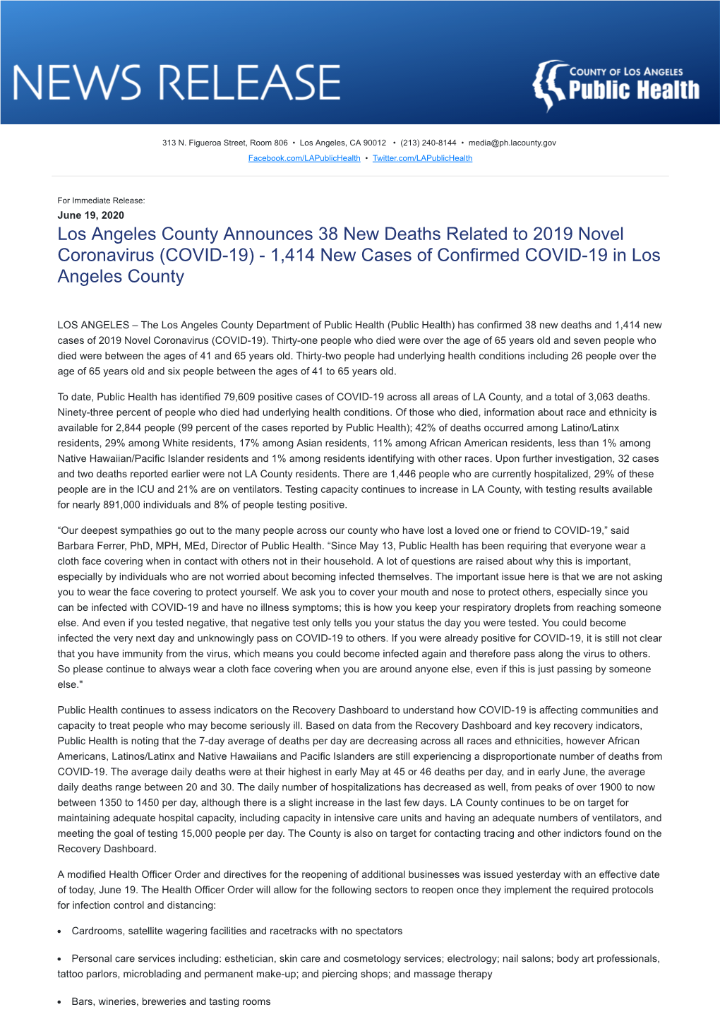 Los Angeles County Announces 38 New Deaths Related to 2019 Novel Coronavirus (COVID-19) - 1,414 New Cases of Confirmed COVID-19 in Los Angeles County