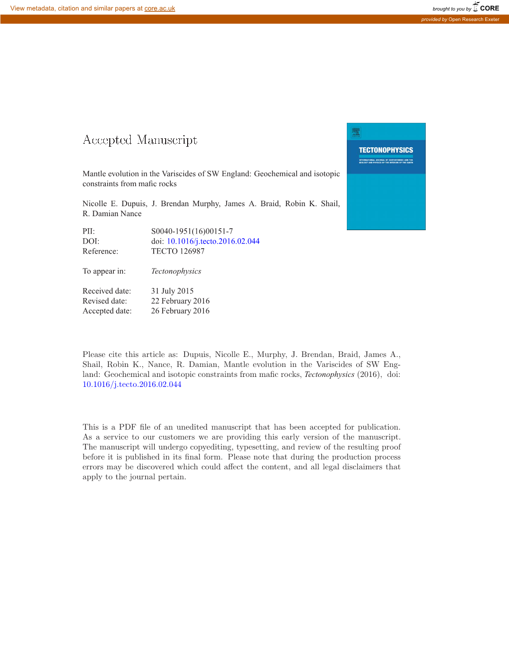 Mantle Evolution in the Variscides of SW England: Geochemical and Isotopic Constraints from Maﬁc Rocks