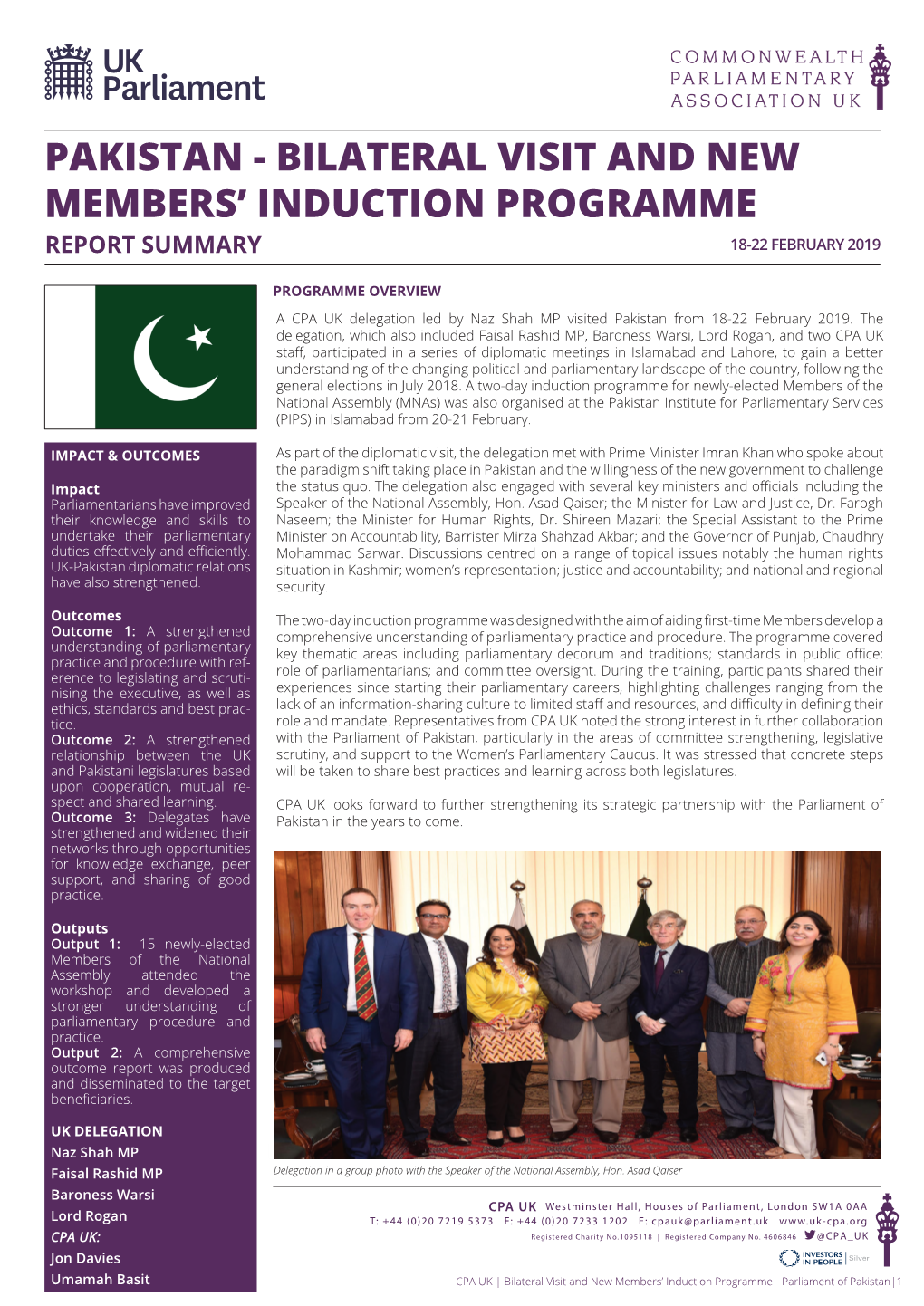 Pakistan - Bilateral Visit and New Members’ Induction Programme Report Summary 18-22 February 2019