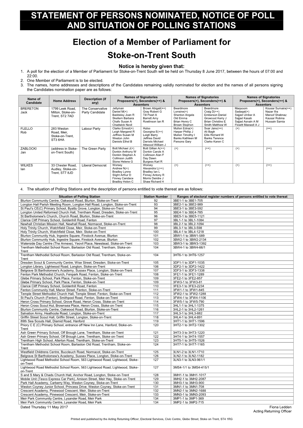 Statement of Persons Nominated & Notice of Poll & Situation of Polling Stations