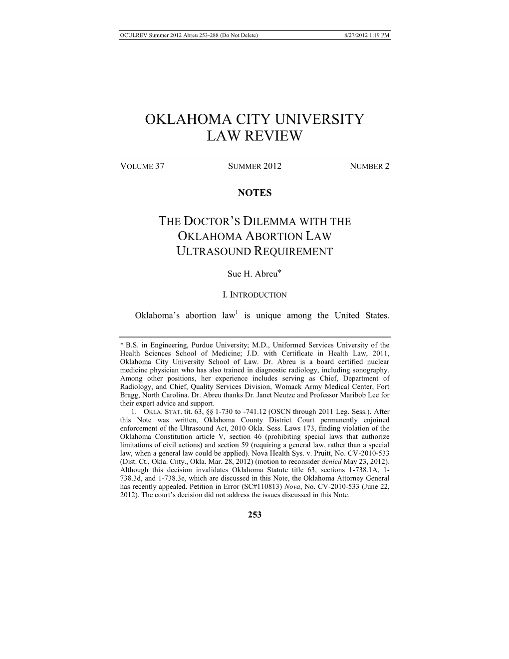 Sue H. Abreu, the Doctor's Dilemma with the Oklahoma Abortion Law