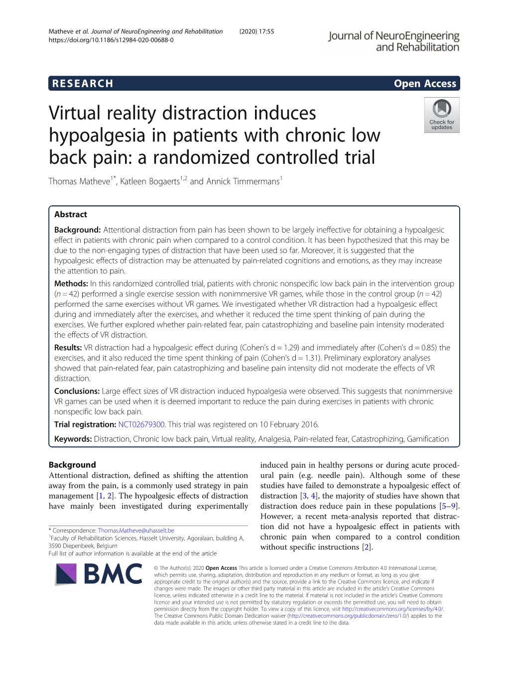 Virtual Reality Distraction Induces Hypoalgesia in Patients with Chronic Low Back Pain: a Randomized Controlled Trial