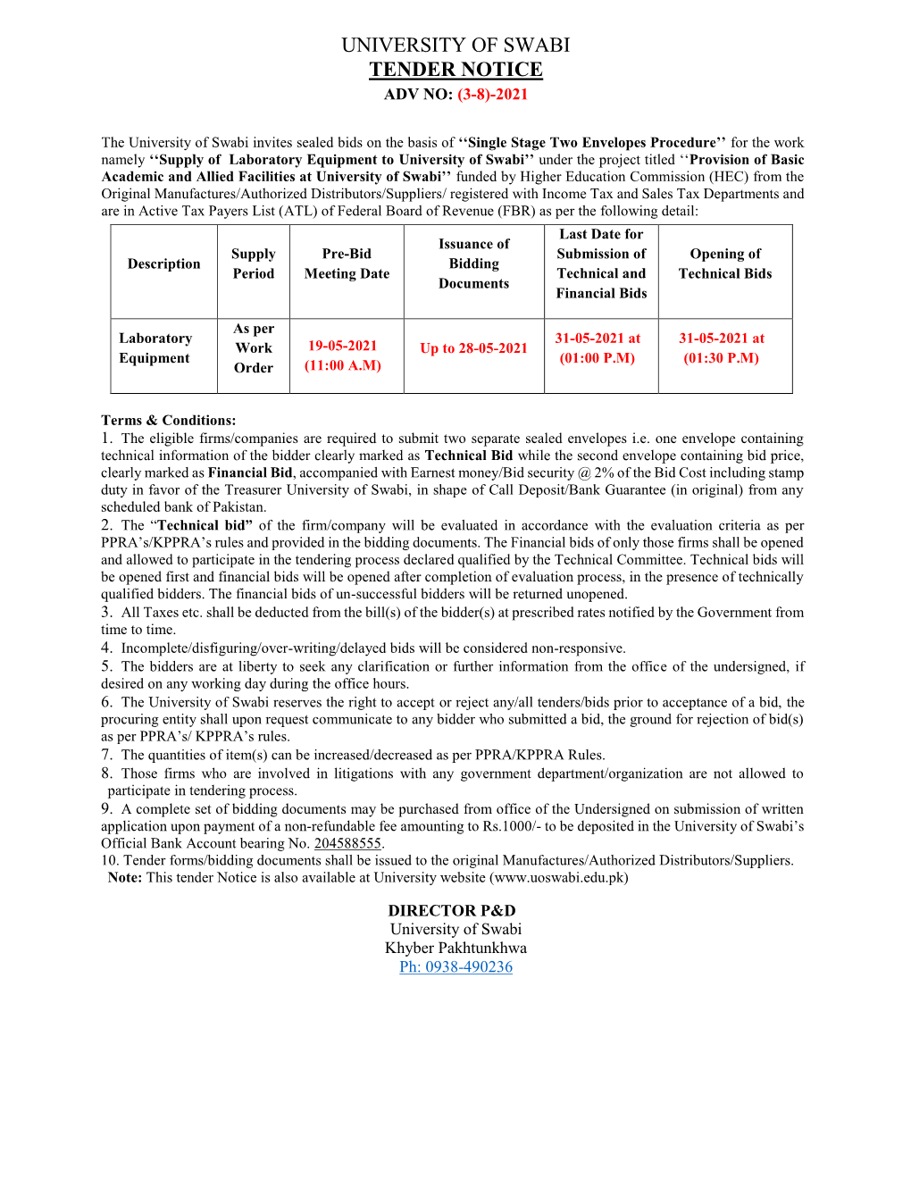 University of Swabi Tender Notice Adv No: (3-8)-2021