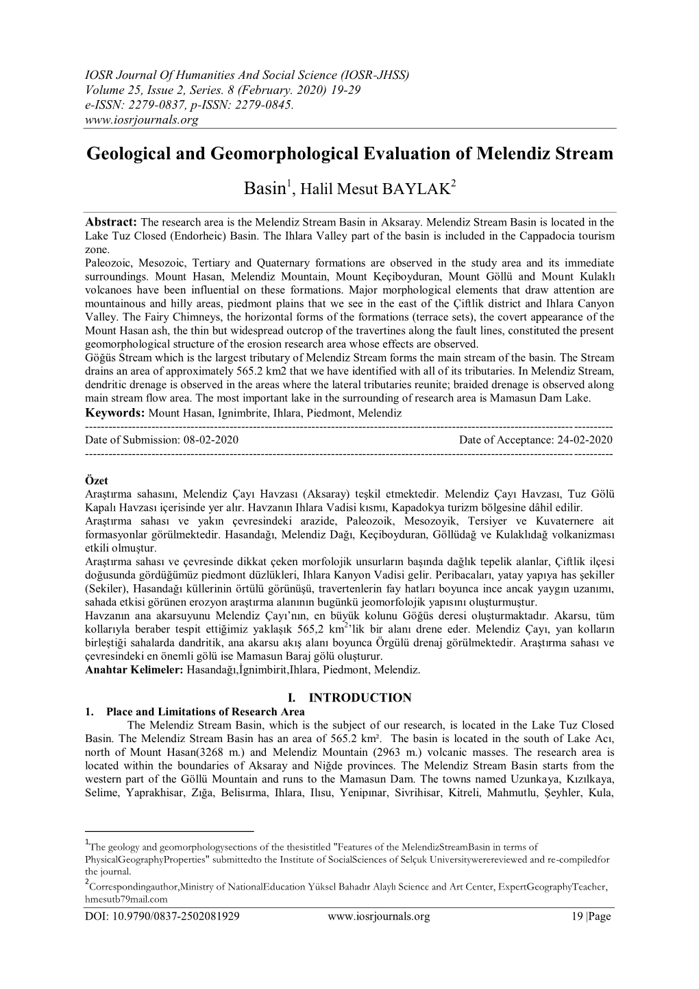 Geological and Geomorphological Evaluation of Melendiz Stream Basin1