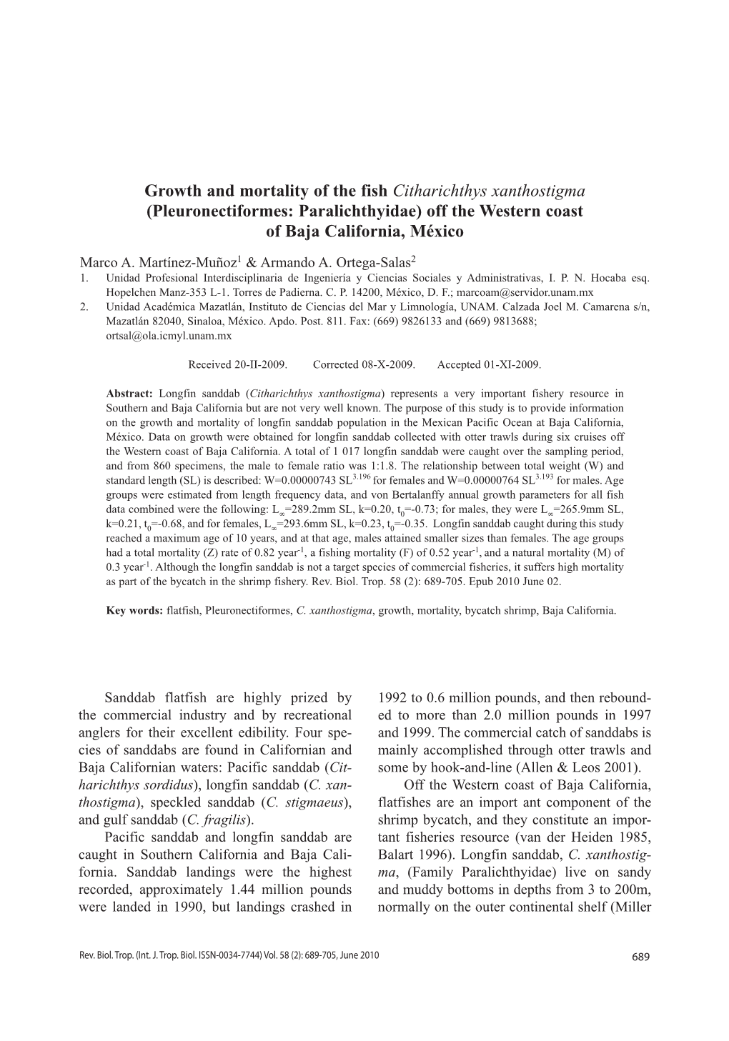 Growth and Mortality of the Fish Citharichthys Xanthostigma (Pleuronectiformes: Paralichthyidae) Off the Western Coast of Baja California, México