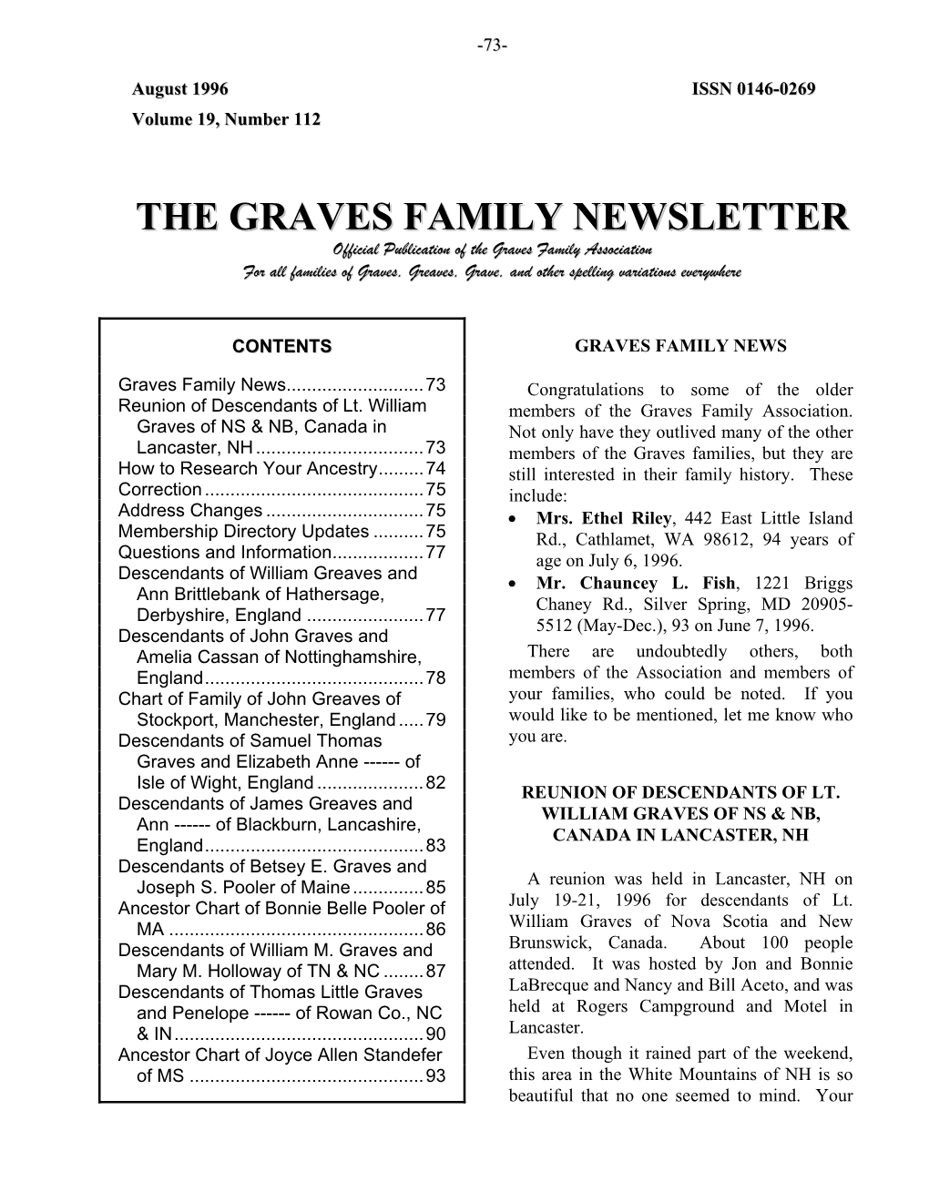 Graves Family Newsletter, August 1996