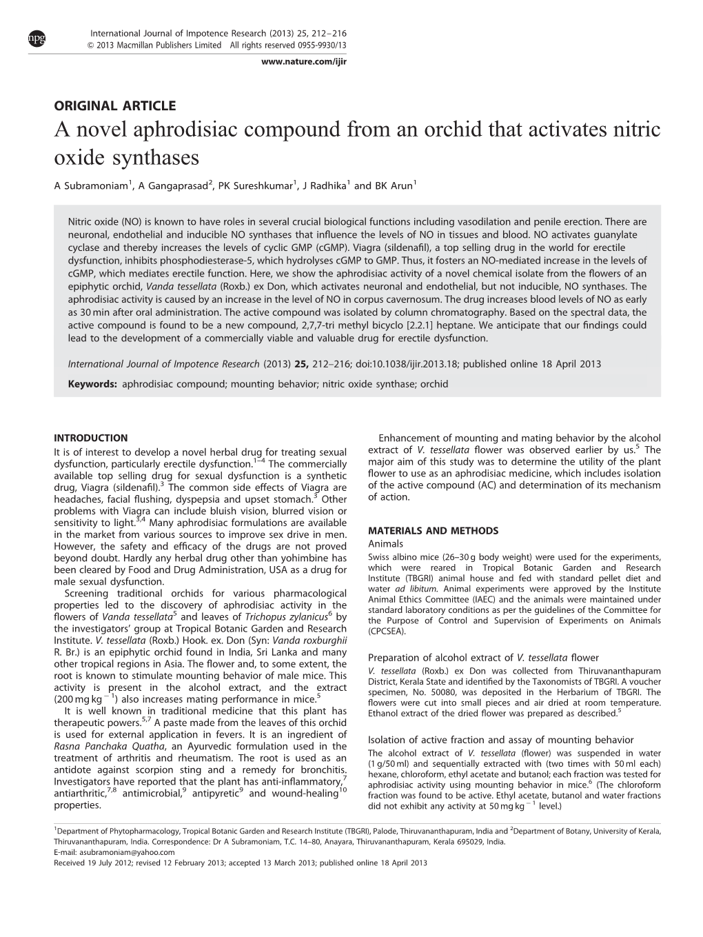 A Novel Aphrodisiac Compound from an Orchid That Activates Nitric Oxide Synthases