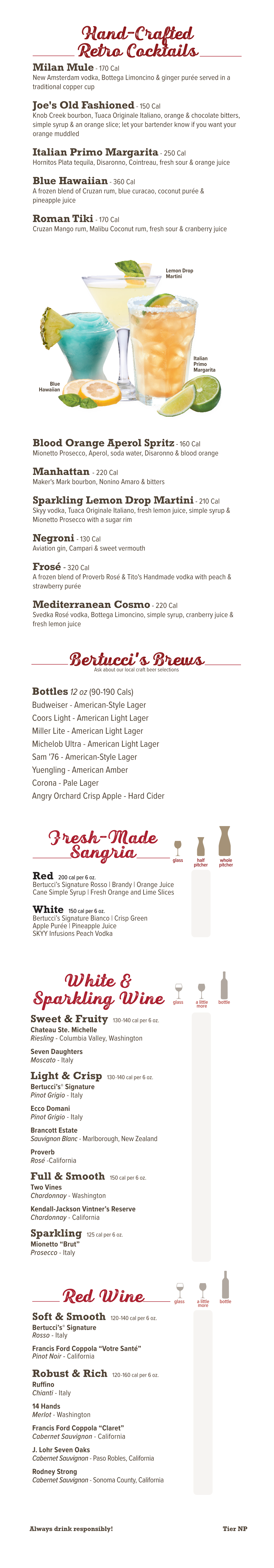 Hand-Crafted Retro Cocktails Bertucci's Brews Fresh-Made Sangria White & Sparkling Wine Glass Red Wine