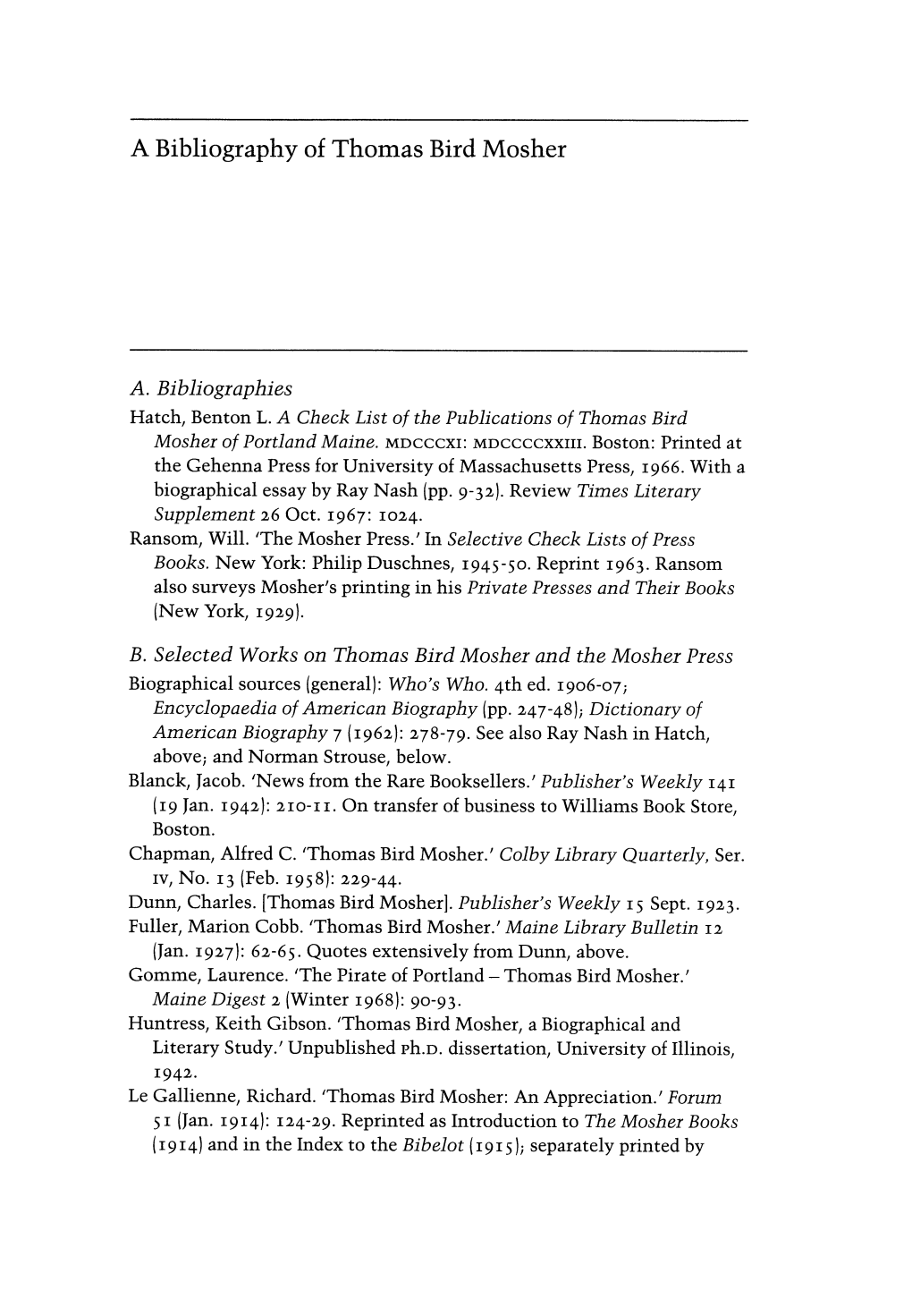 A Bibliography of Thomas Bird Mosher A. Bibliographies