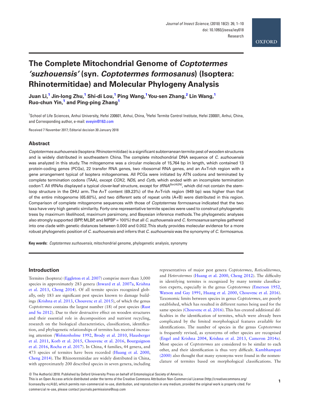 The Complete Mitochondrial Genome of Coptotermes ‘Suzhouensis’ (Syn