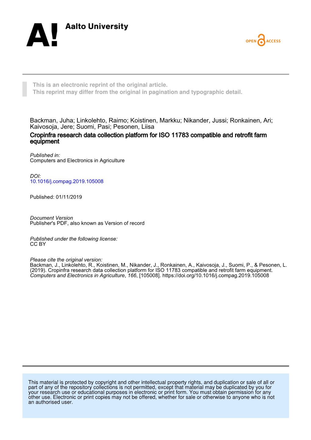 Cropinfra Research Data Collection Platform for ISO 11783 Compatible and Retrofit Farm Equipment