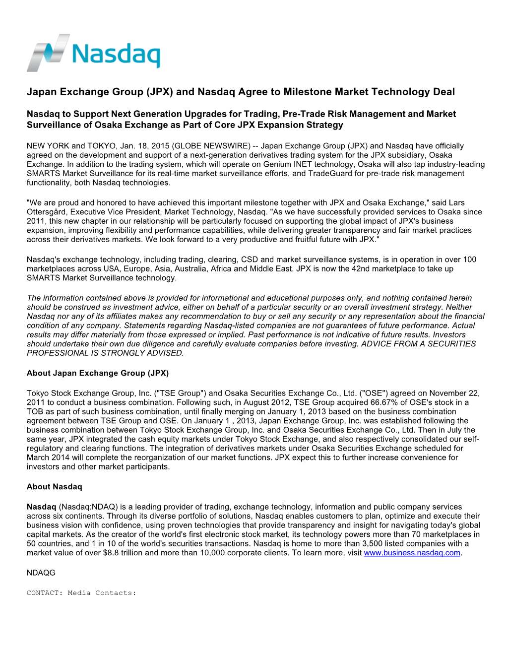 Japan Exchange Group (JPX) and Nasdaq Agree to Milestone Market Technology Deal