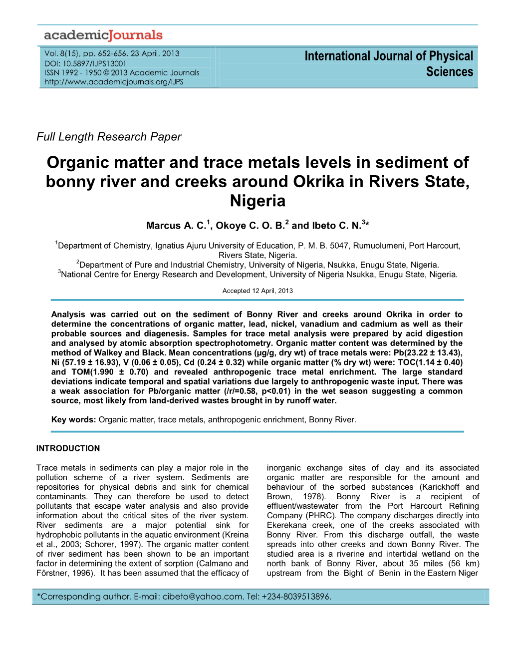 Organic Matter and Trace Metals Levels in Sediment of Bonny River and Creeks Around Okrika in Rivers State, Nigeria