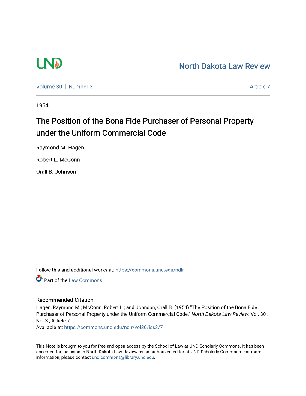 The Position of the Bona Fide Purchaser of Personal Property Under the Uniform Commercial Code