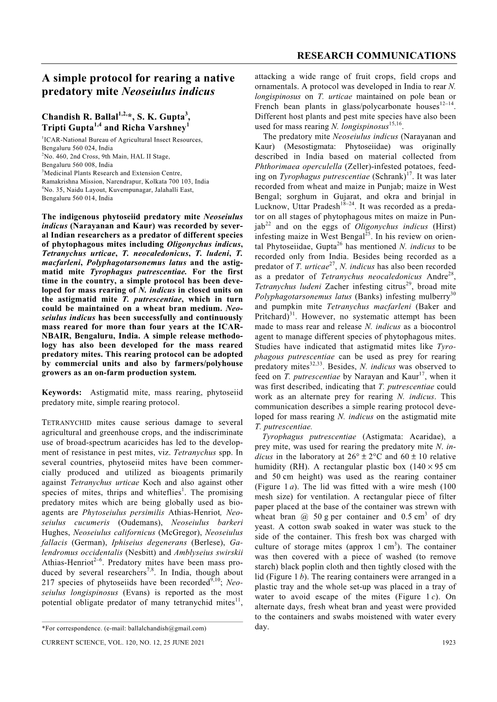 A Simple Protocol for Rearing a Native Predatory Mite Neoseiulus Indicus