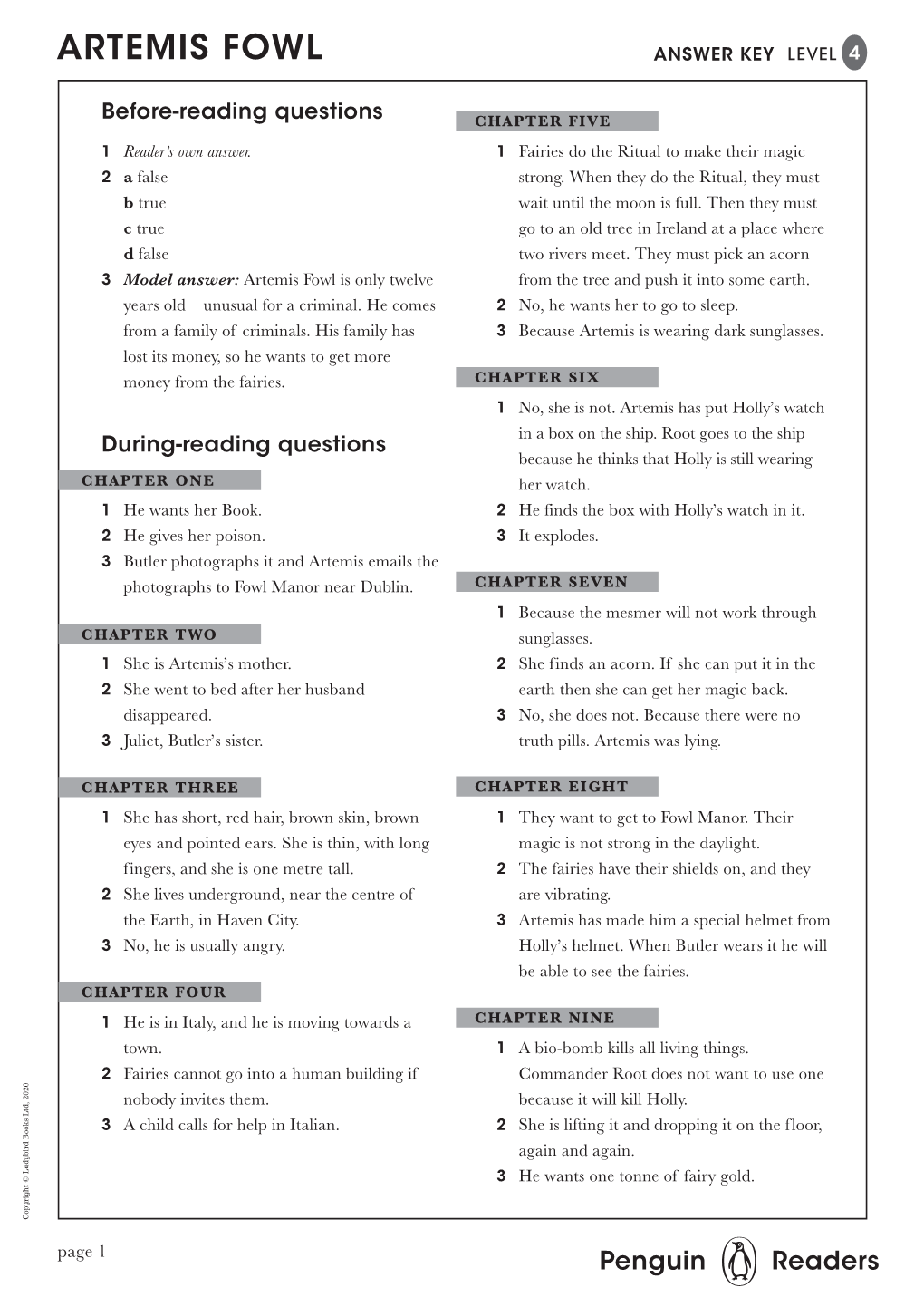 Artemis Fowl Answer Key Level 4