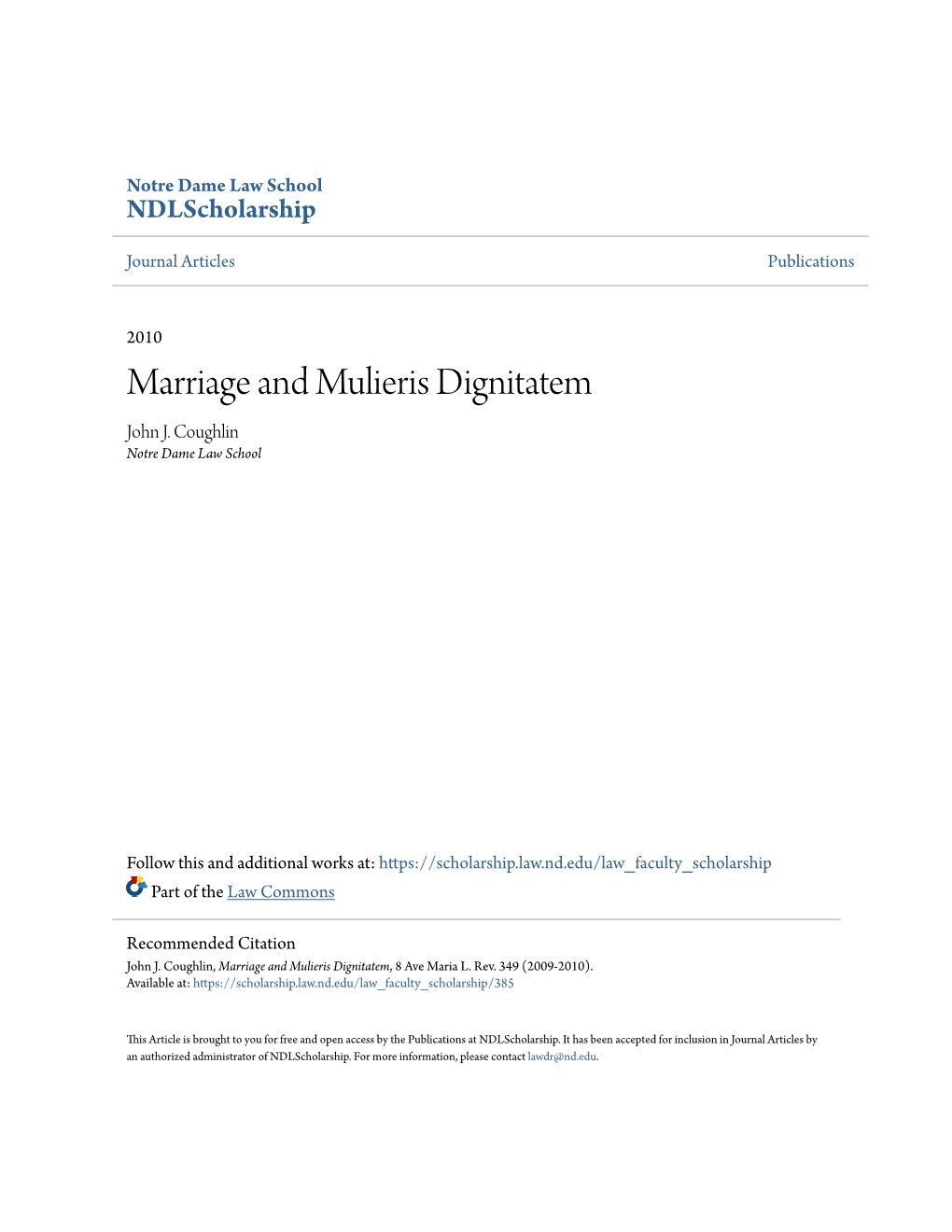 Marriage and Mulieris Dignitatem John J