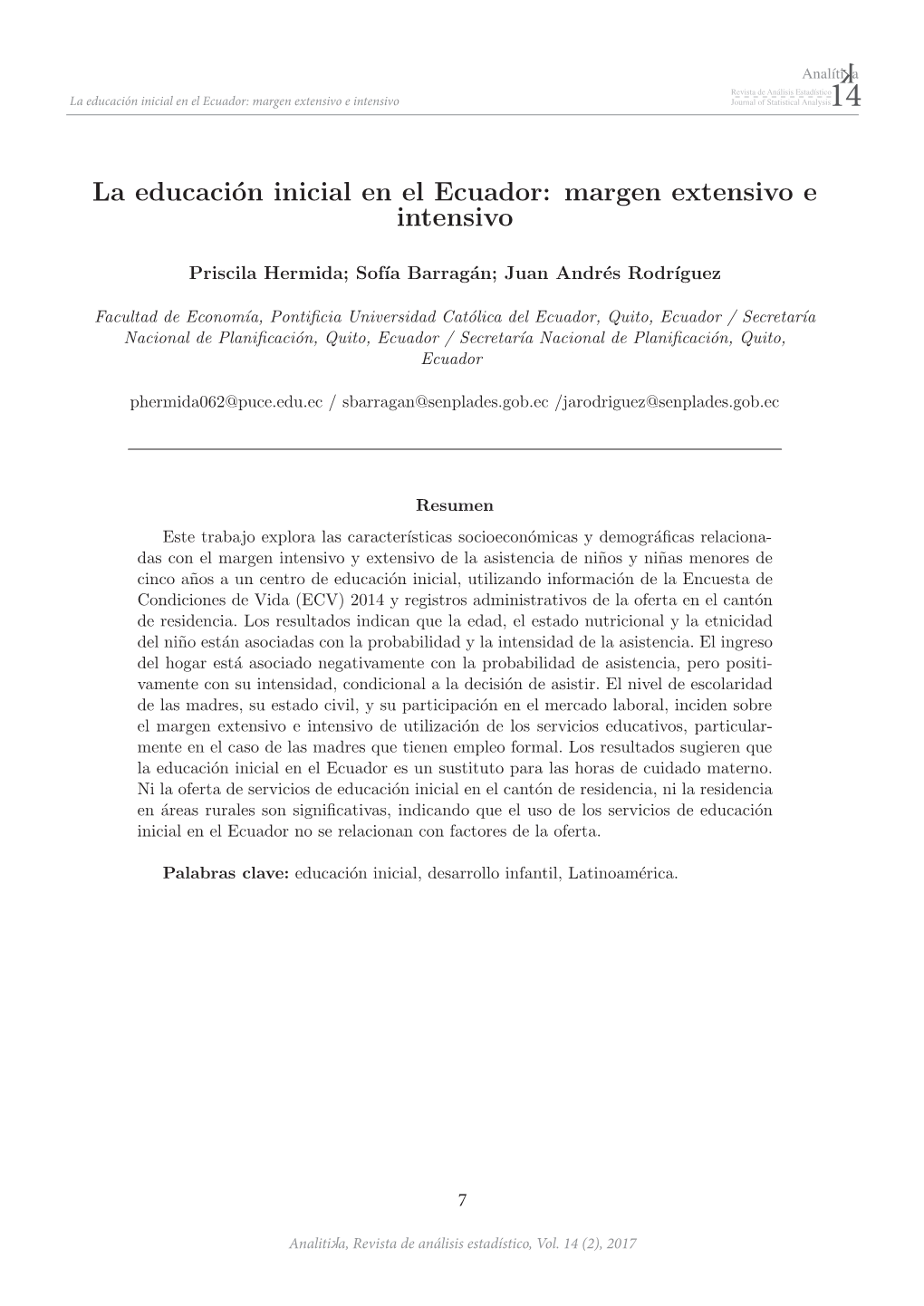 La Educación Inicial En El Ecuador: Margen Extensivo E Intensivo 14