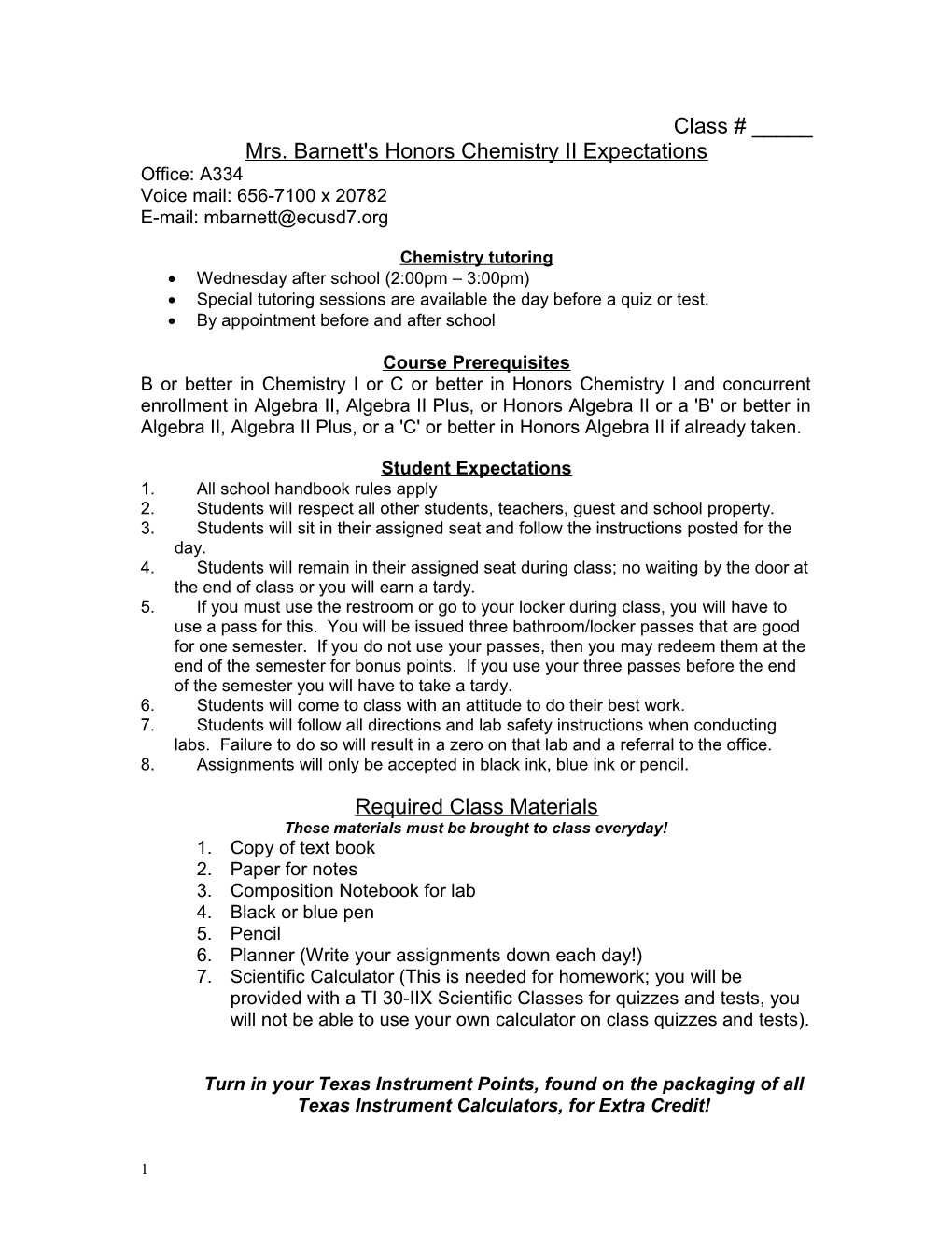 Mrs. Barnett's Honors Chemistry II Expectations