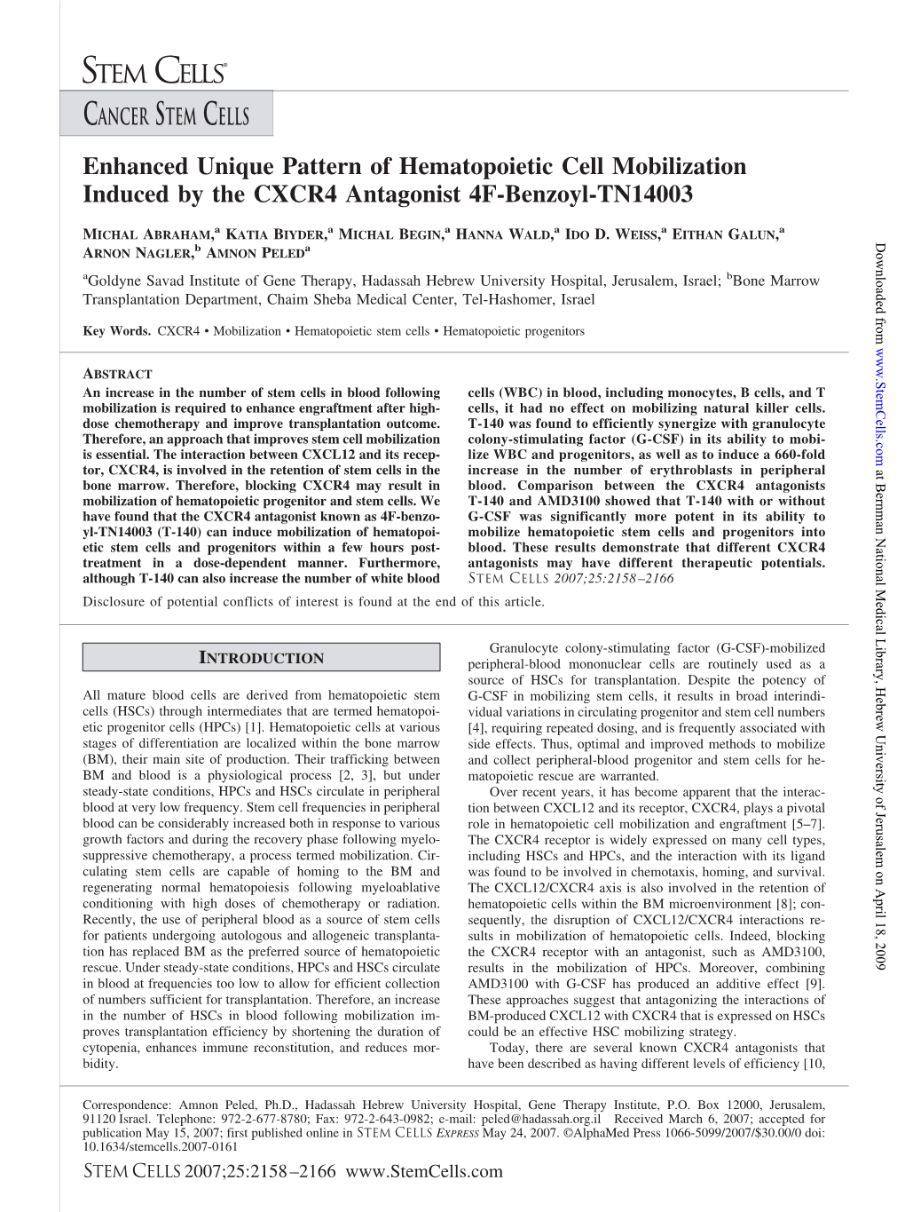 Enhanced Unique Pattern of Hematopoietic Cell Mobilization Induced by the CXCR4 Antagonist 4F-Benzoyl-TN14003