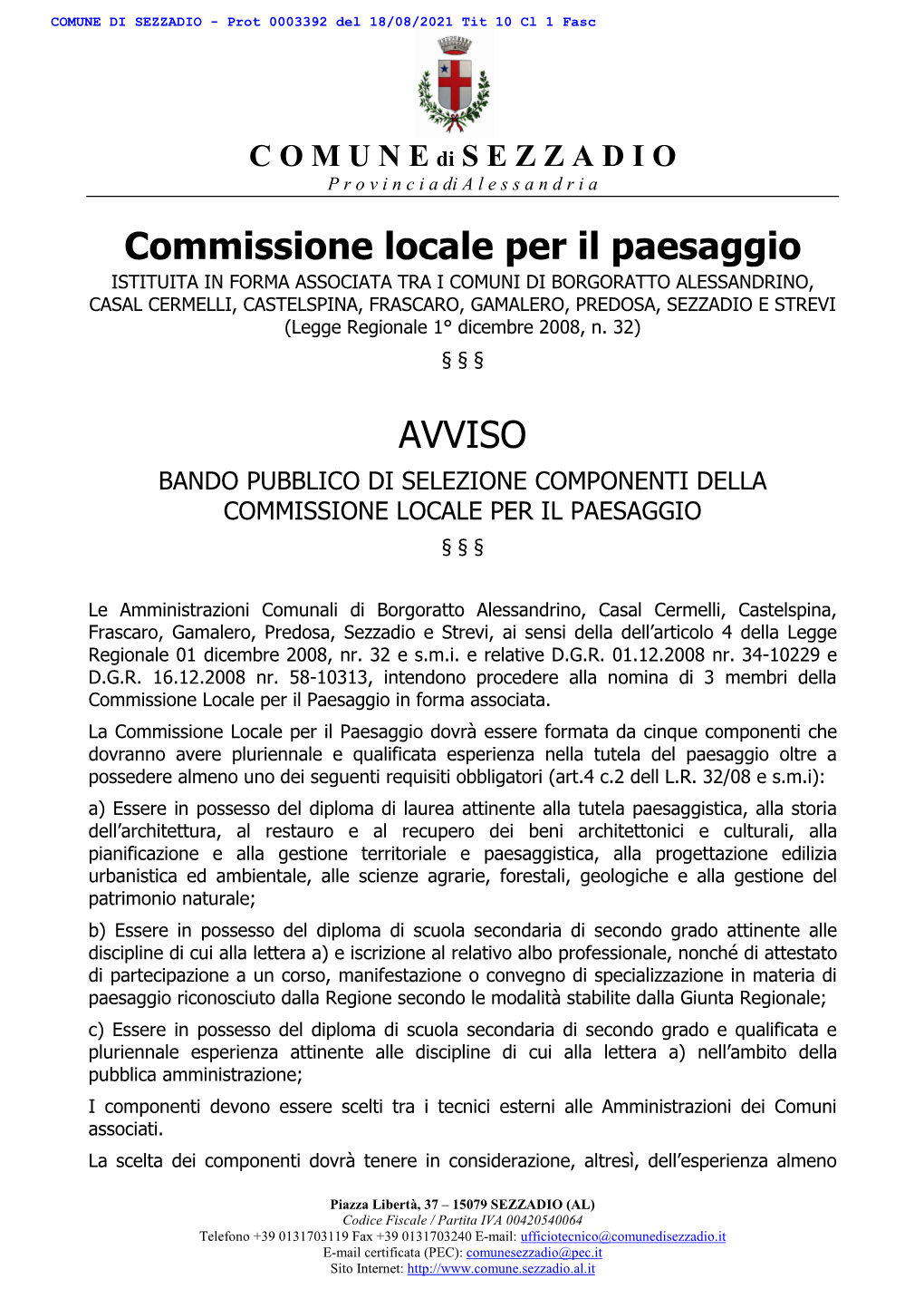 Commissione Locale Per Il Paesaggio AVVISO