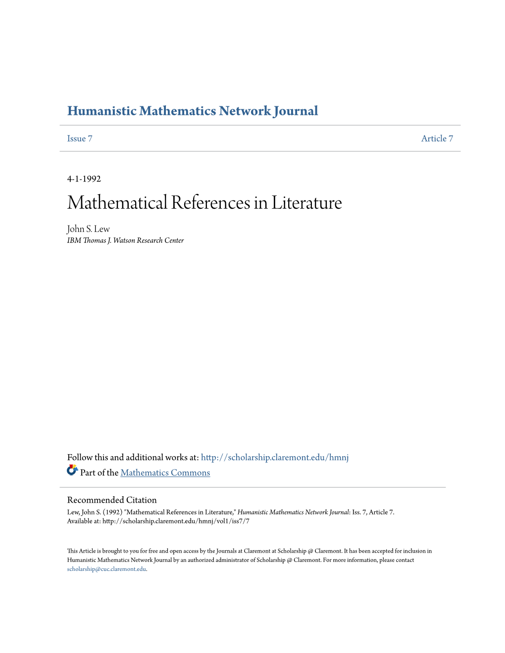 Mathematical References in Literature John S