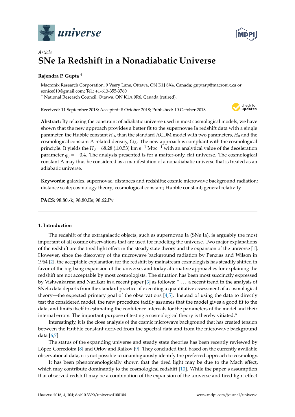 Sne Ia Redshift in a Nonadiabatic Universe