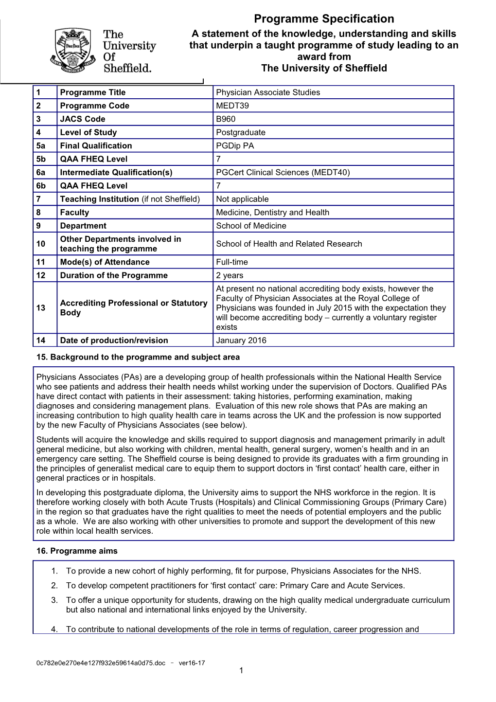 15. Background to the Programme and Subject Area s7