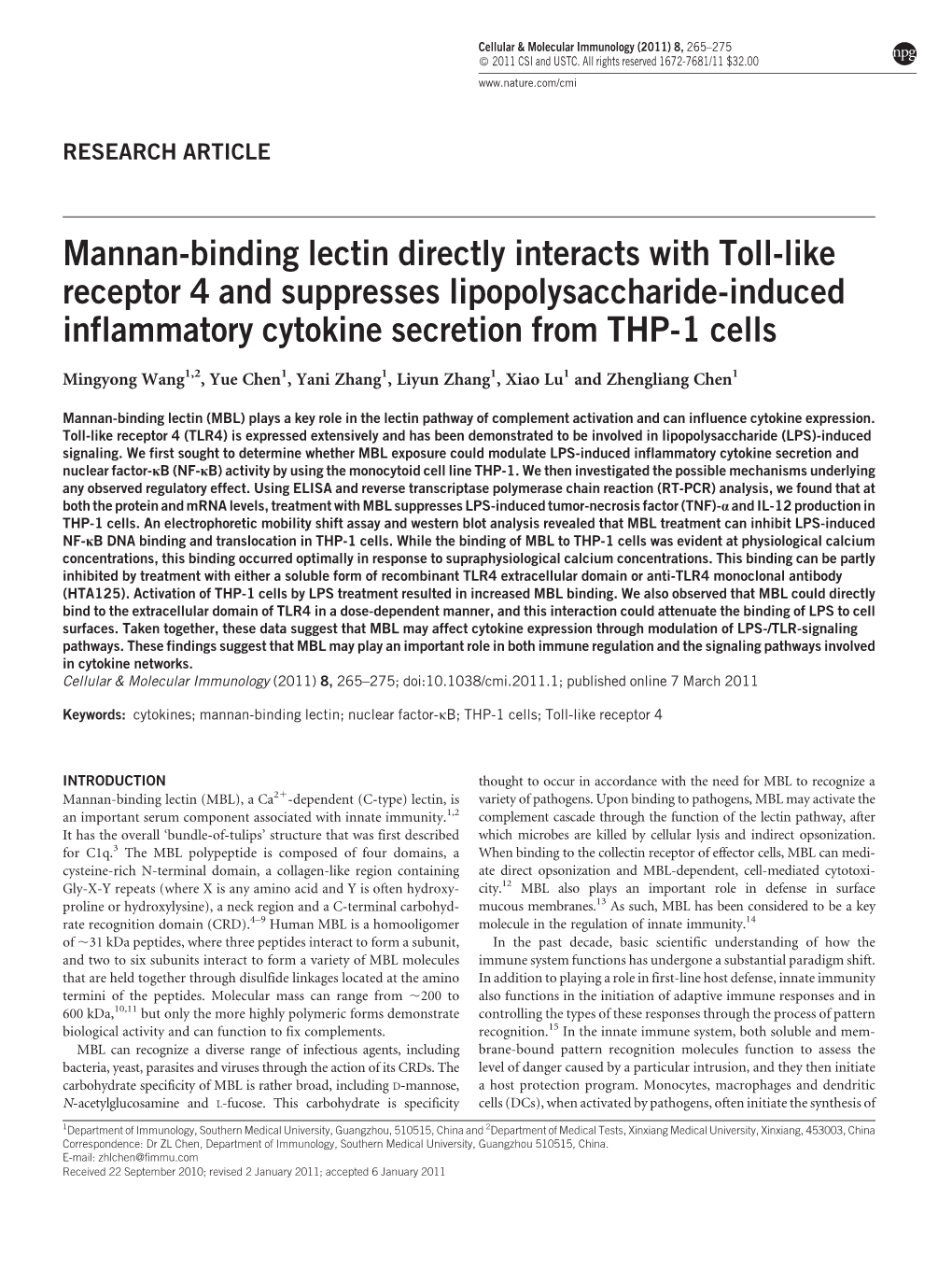 Mannan-Binding Lectin Directly Interacts with Toll-Like Receptor 4 and Suppresses Lipopolysaccharide-Induced Inflammatory Cytokine Secretion from THP-1 Cells