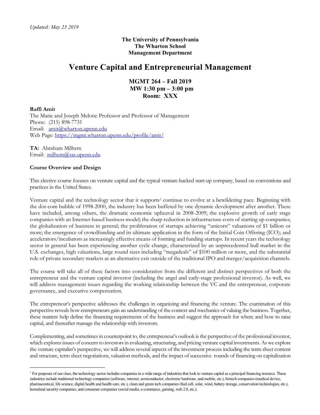 MGMT 264 VC and Entrepreneurial Management