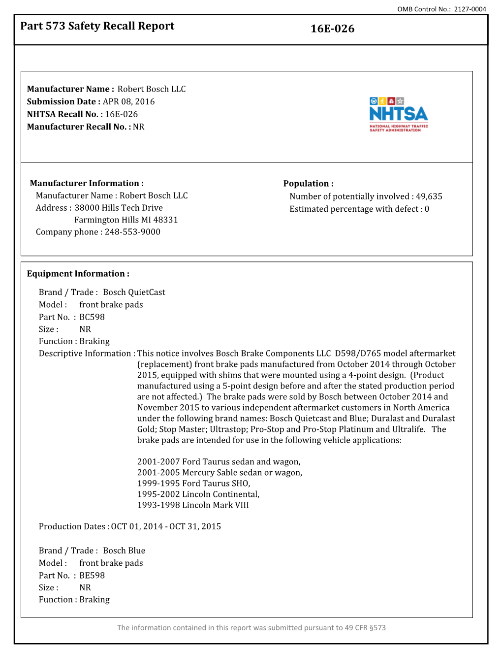 Part 573 Safety Recall Report 16E-026