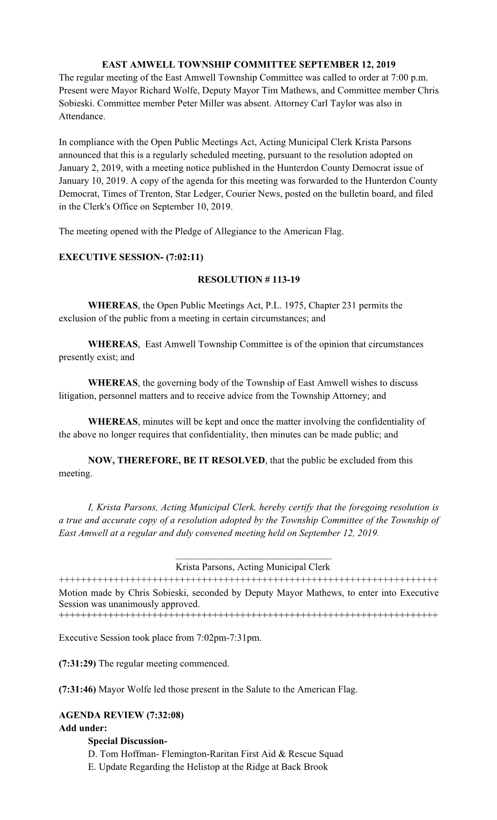 EAST AMWELL TOWNSHIP COMMITTEE SEPTEMBER 12, 2019 the Regular Meeting of the East Amwell Township Committee Was Called to Order at 7:00 P.M