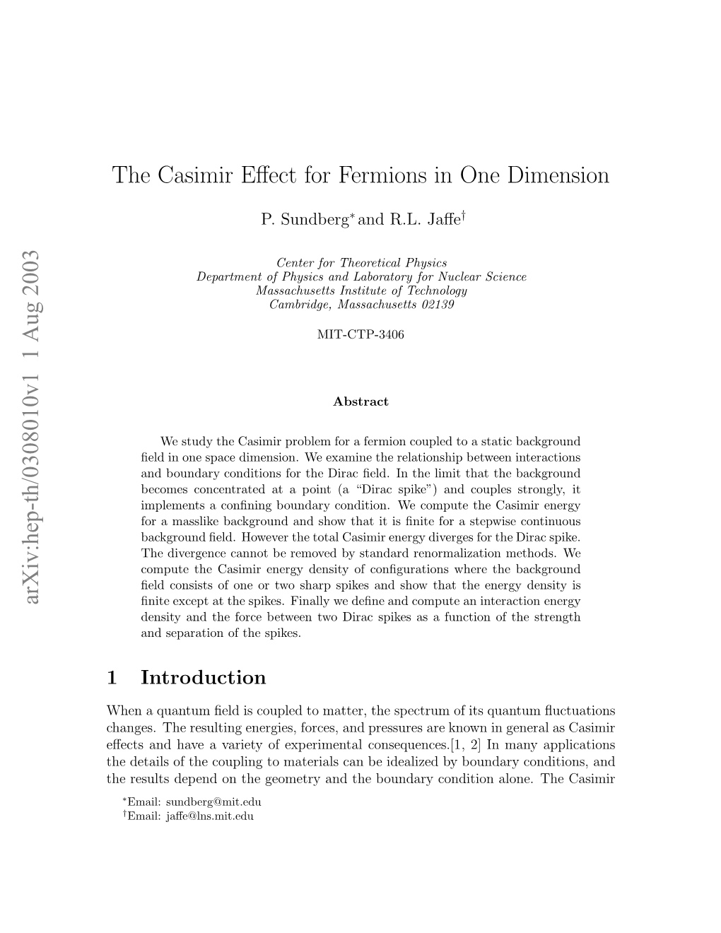 The Casimir Effect for Fermions in One Dimension