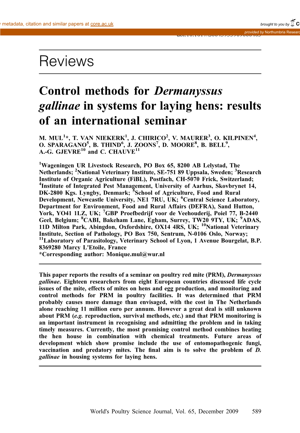 Control Methods for Dermanyssus Gallinae in Systems for Laying Hens: Results of an International Seminar