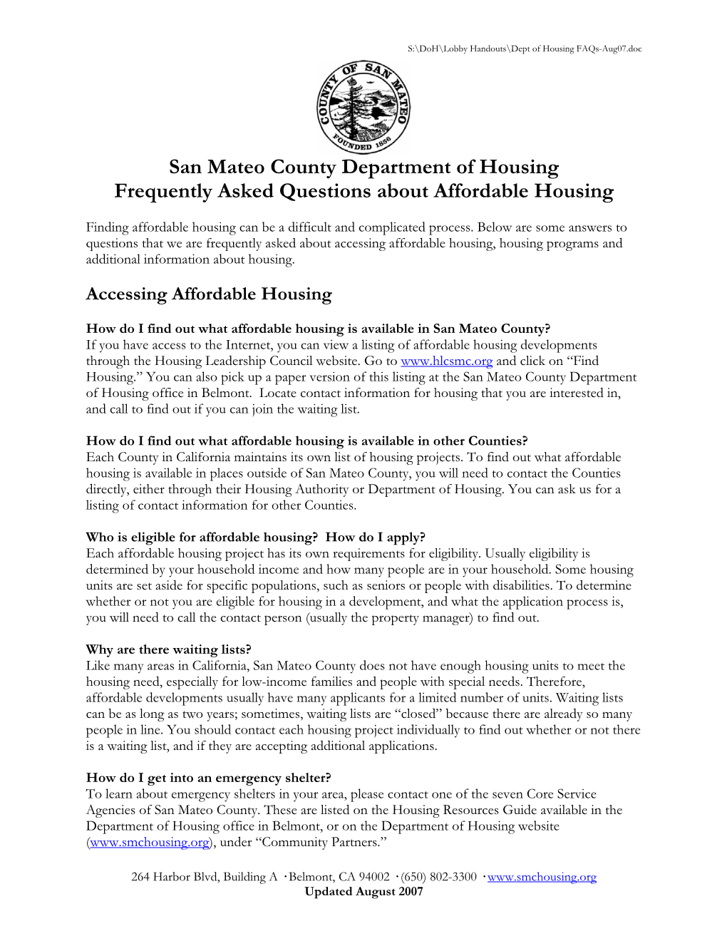 San Mateo County Department of Housing Frequently Asked Questions About Affordable Housing