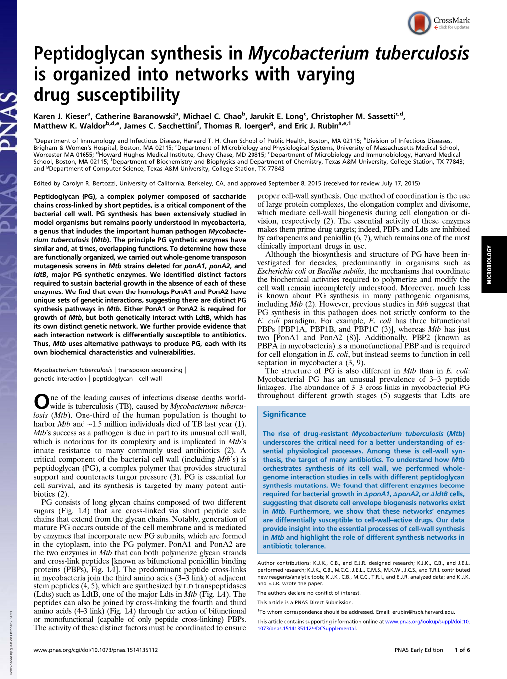 Peptidoglycan Synthesis in Mycobacterium Tuberculosis Is Organized Into Networks with Varying Drug Susceptibility