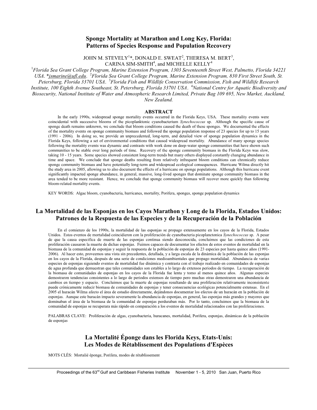 Sponge Mortality at Marathon and Long Key, Florida: Patterns of Species Response and Population Recovery