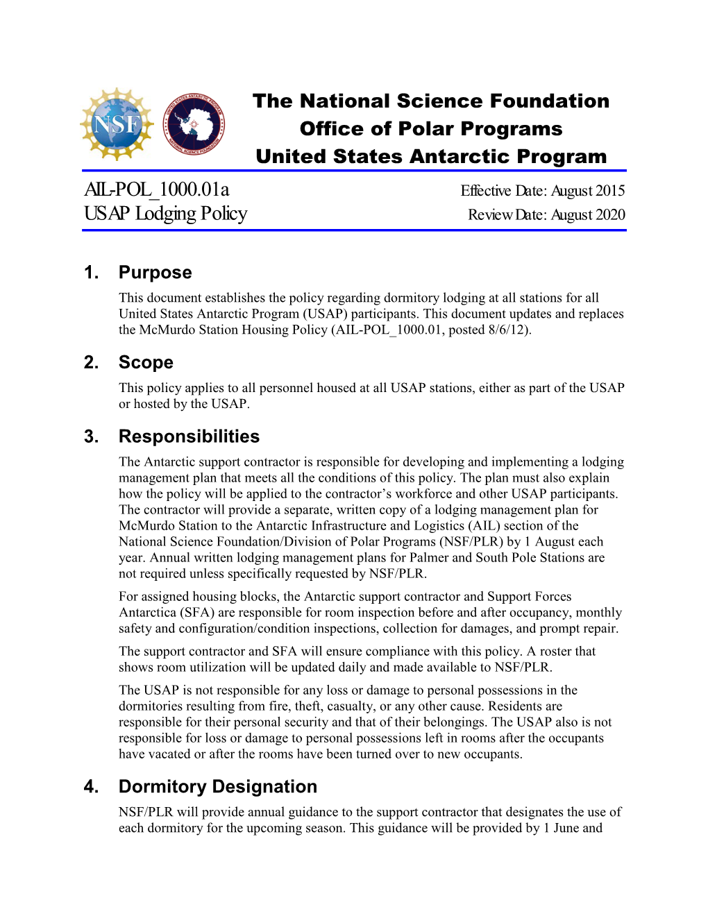 USAP Lodging Policy AIL-POL 1000.01A Version 2 17 September 2015