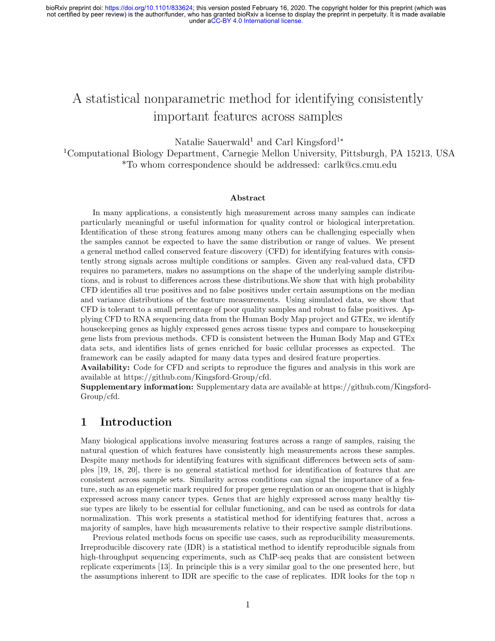 A Statistical Nonparametric Method for Identifying Consistently Important Features Across Samples