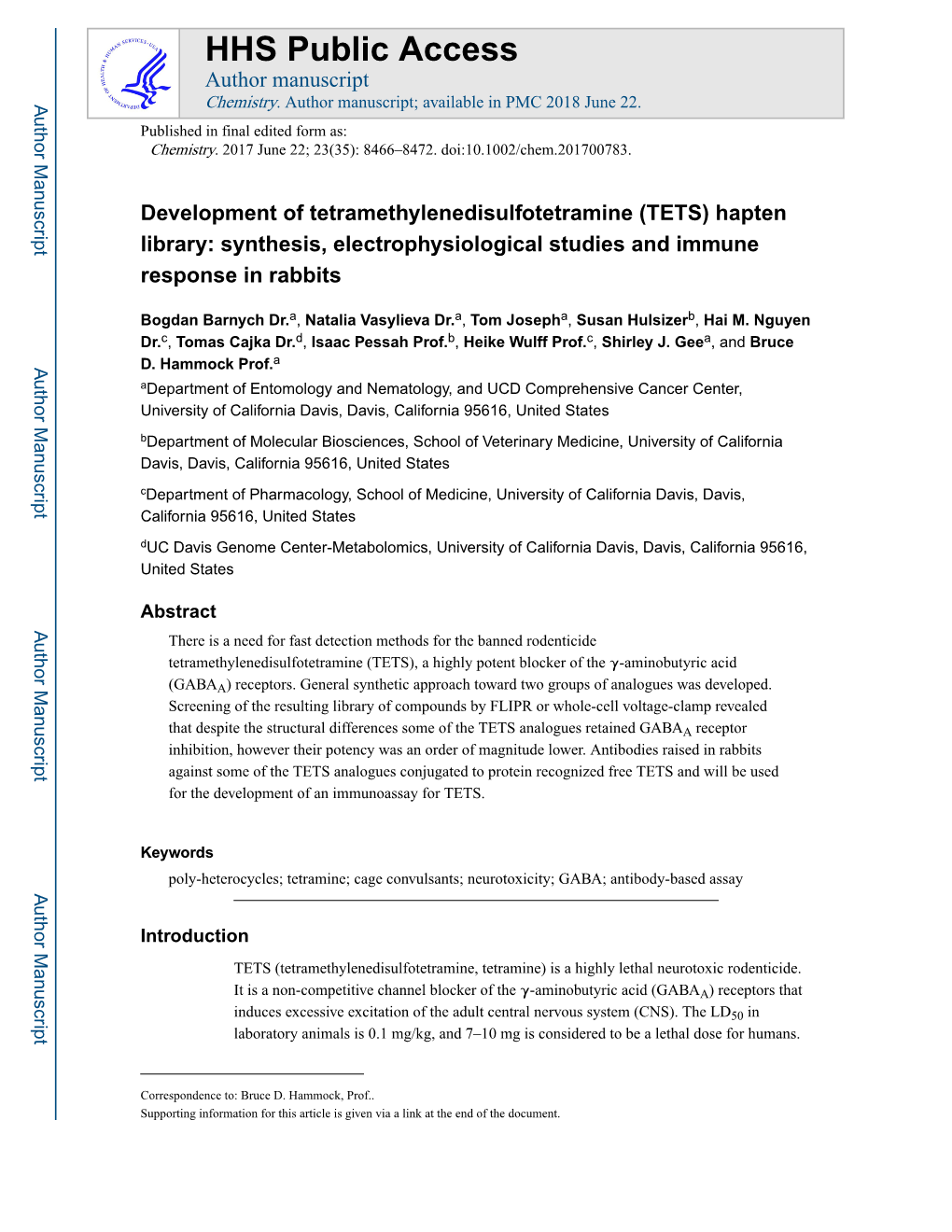 (TETS) Hapten Library: Synthesis, Electrophysiological Studies and Immune Response in Rabbits