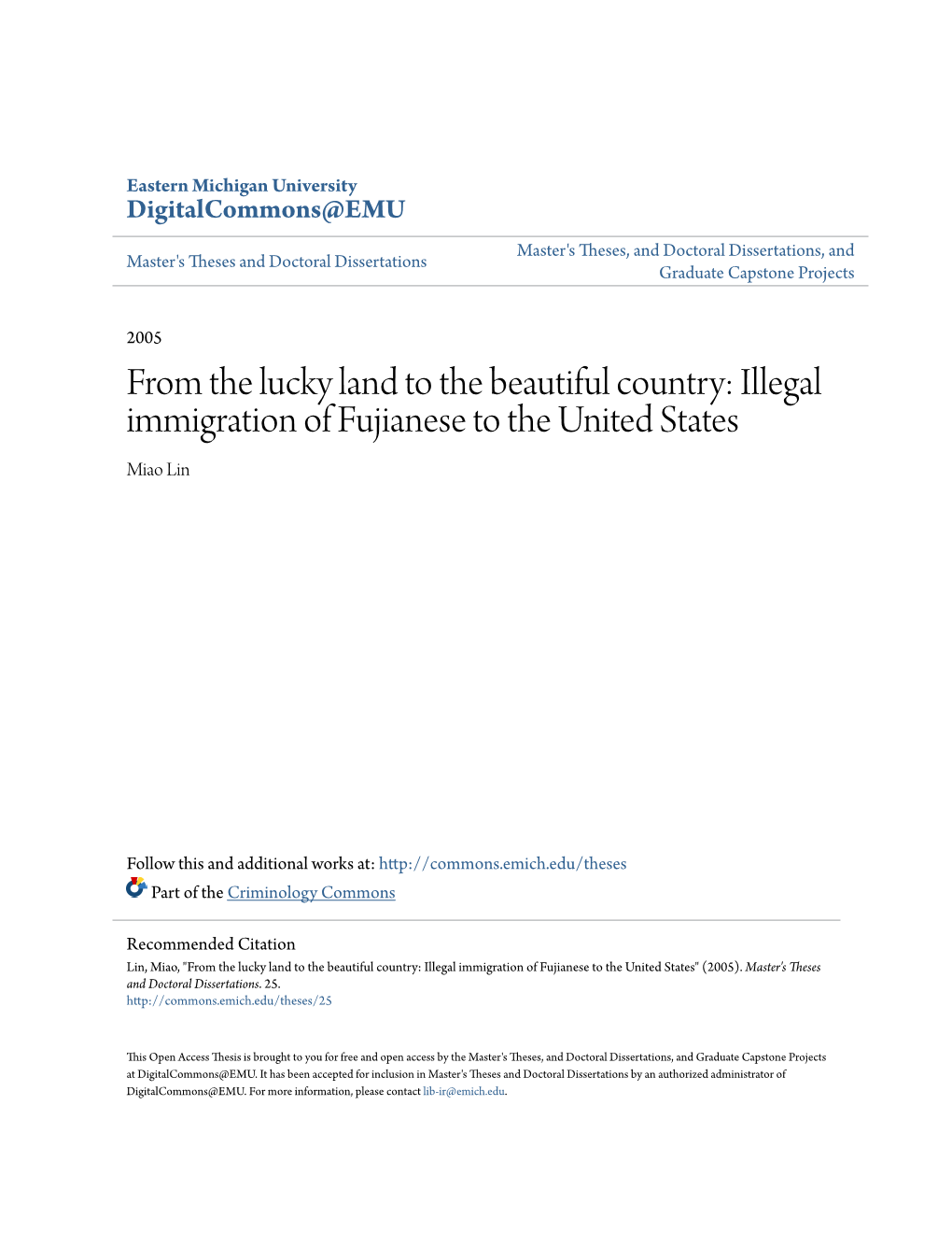 Illegal Immigration of Fujianese to the United States Miao Lin