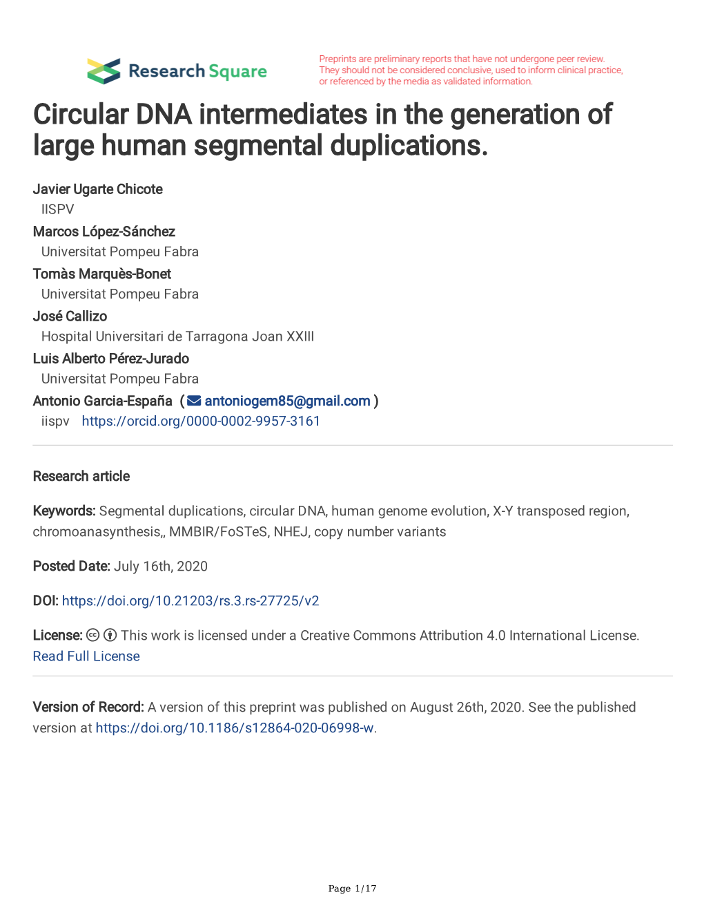 Circular DNA Intermediates in the Generation of Large Human Segmental Duplications